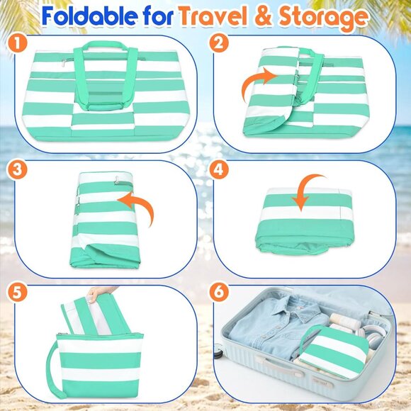 Women's Green White Waterproof Sandproof Xl Tote Zipper Foldable Beach Bags - Picture 8 of 8